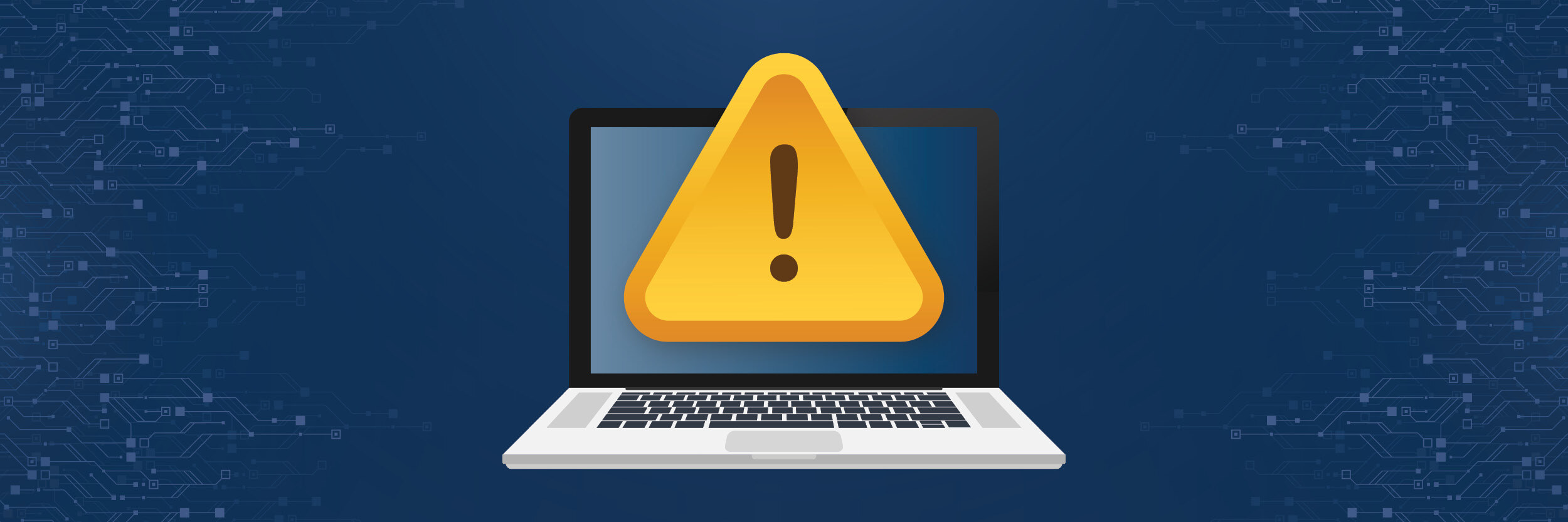 A graphic features a laptop with a yellow yield sign with an exclamation point.