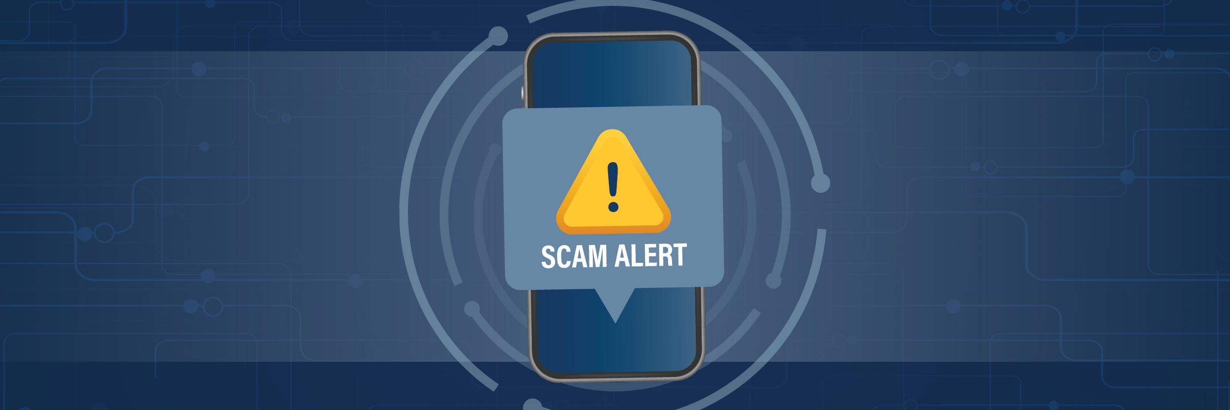 A cell phone with a yellow yield sign covering it and "scam alert" written below it.