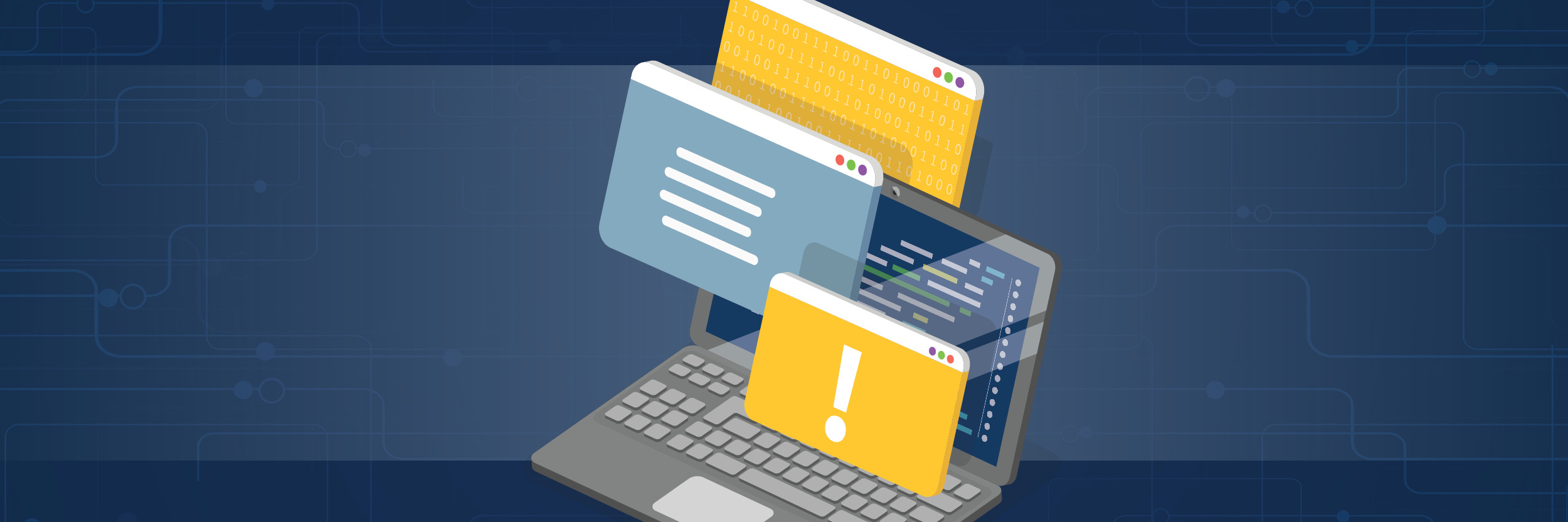 A graphic image of a laptop with pop-out alert messages displayed.