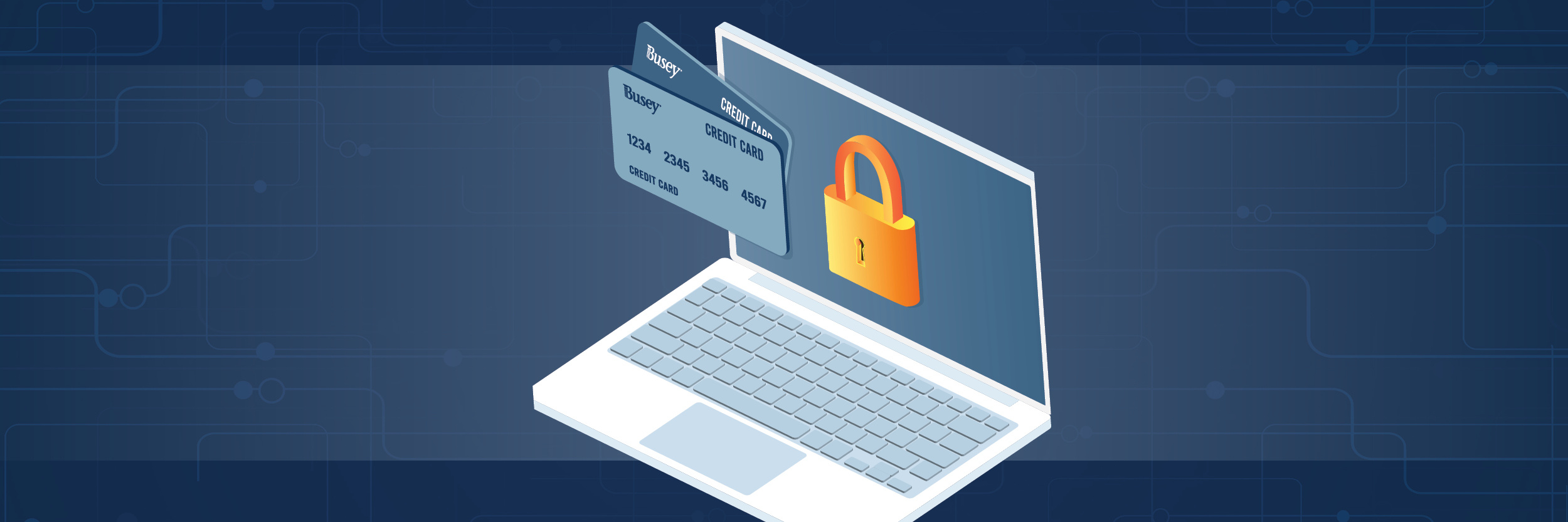 A graphic image with a laptop, a lock and two credit cards