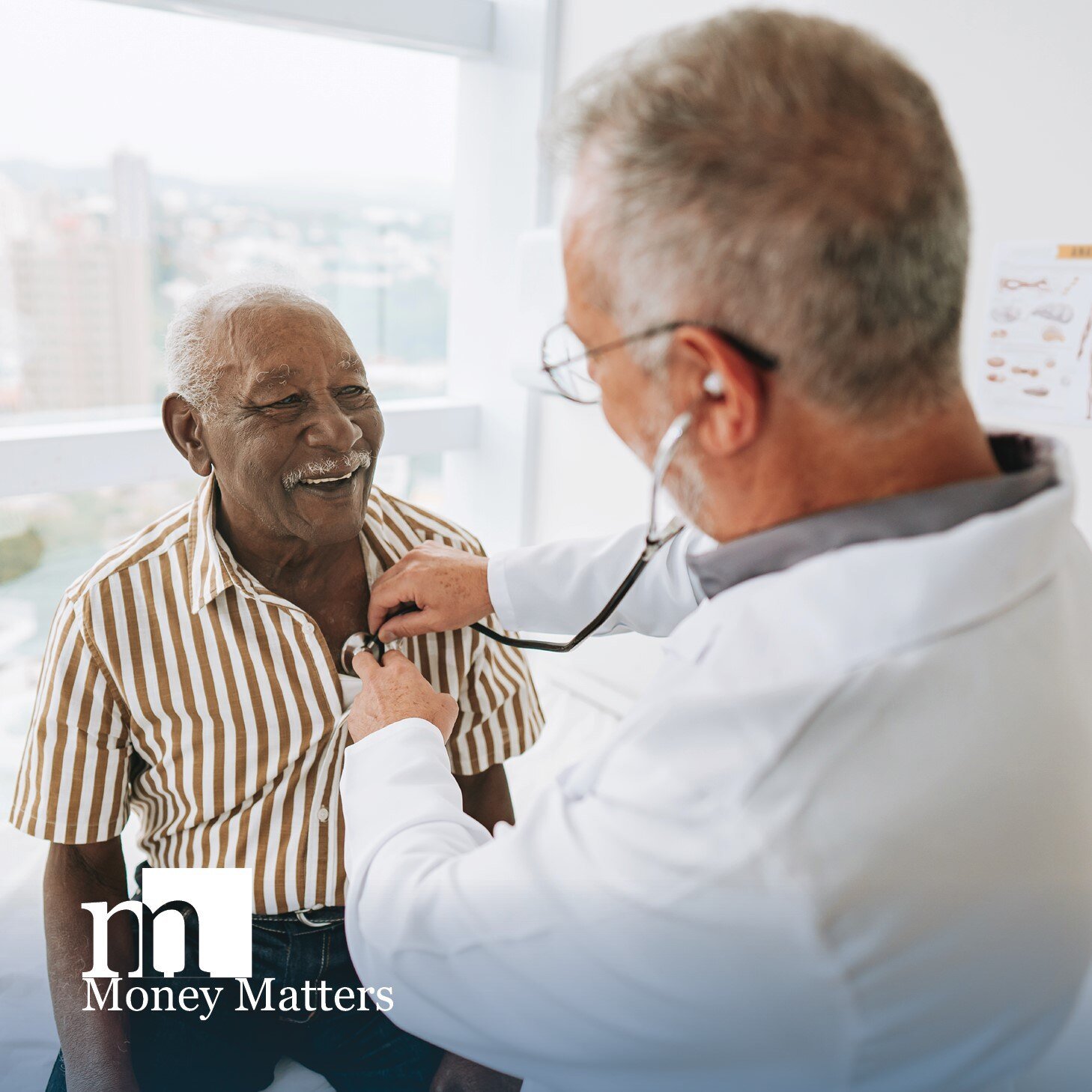 A doctor listens to a man's heart with his stethoscope.