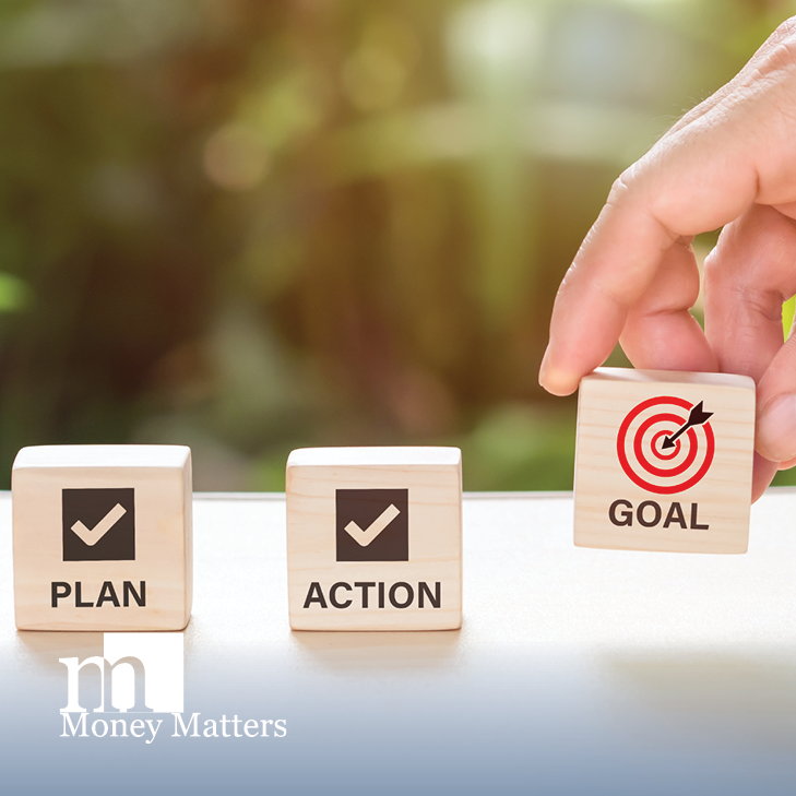 3 wooden blocks with plan, action and goal written on them