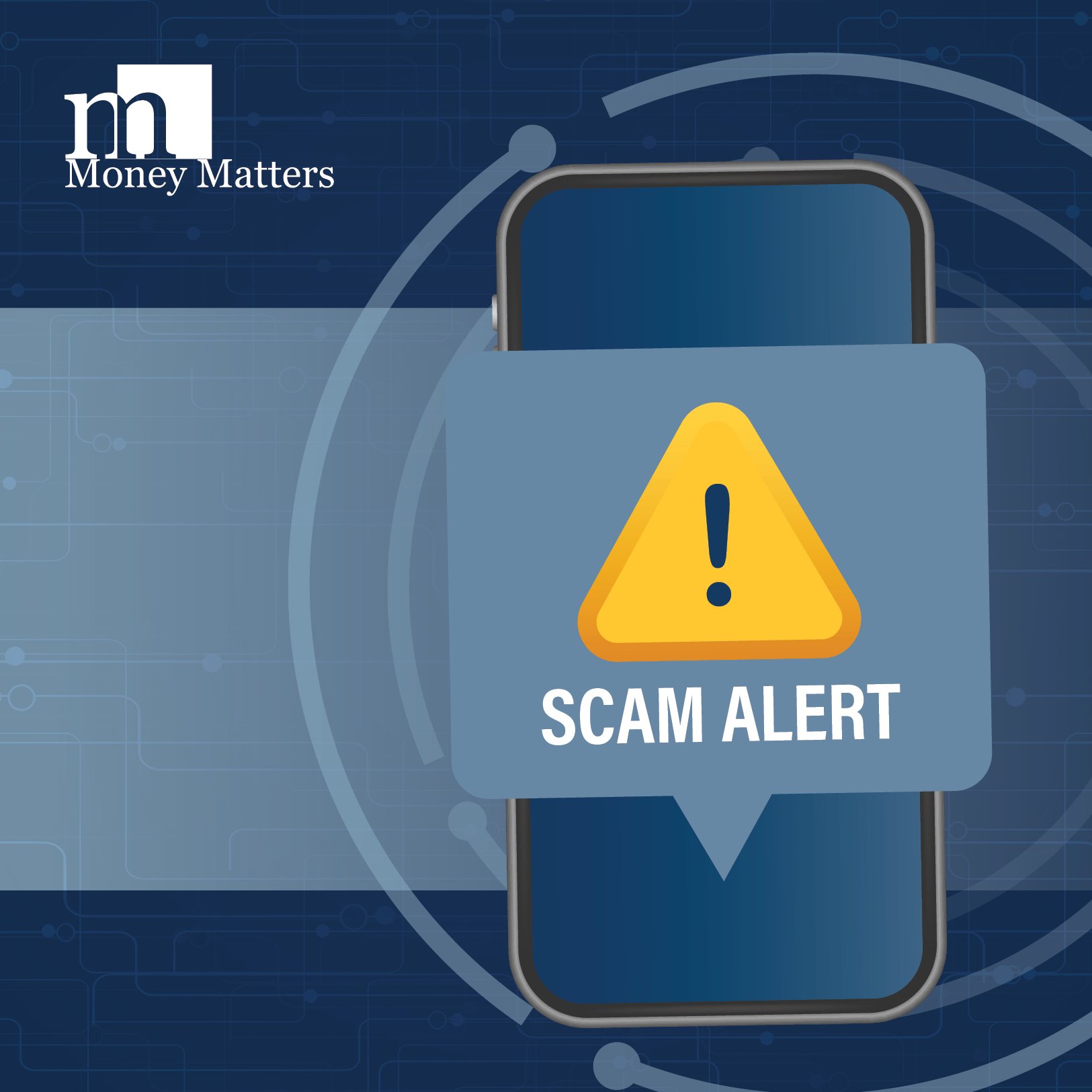 A cell phone with a yellow yield sign covering it and "scam alert" written below it.