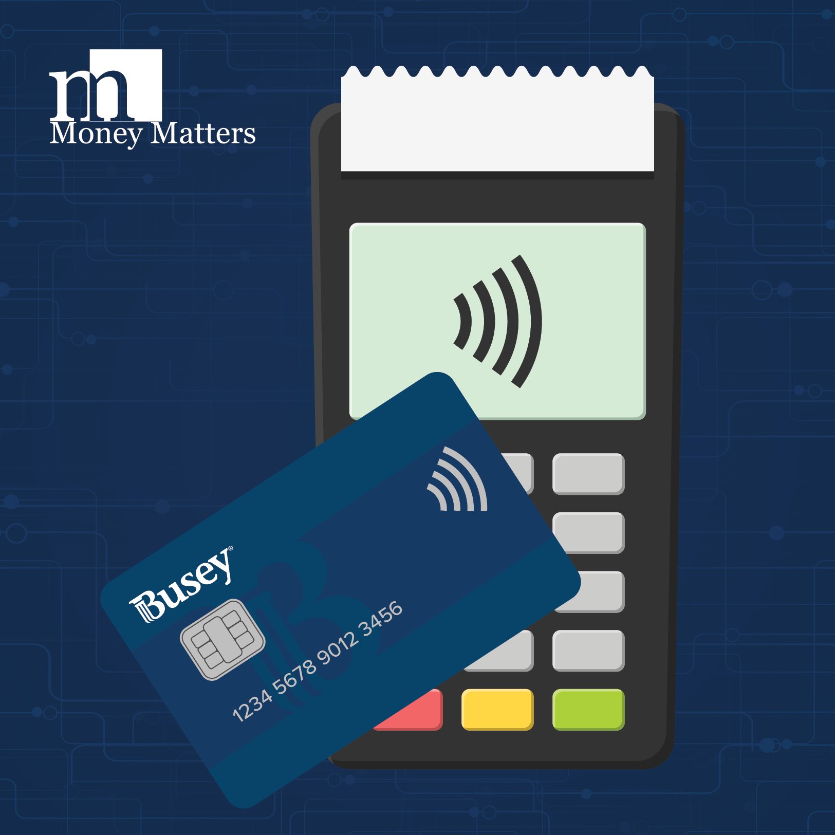 A graphic image of a debit card and a transaction machine.