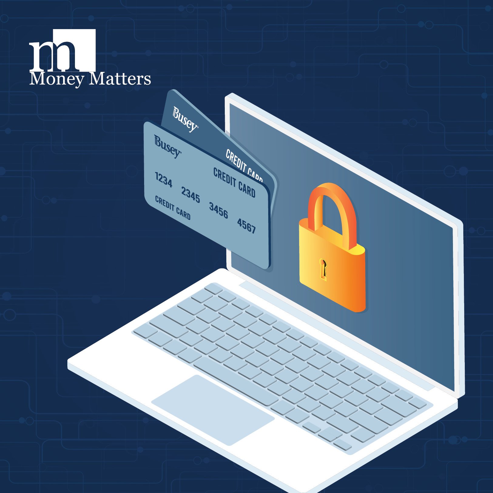 A graphic image with a laptop, a lock and two credit cards